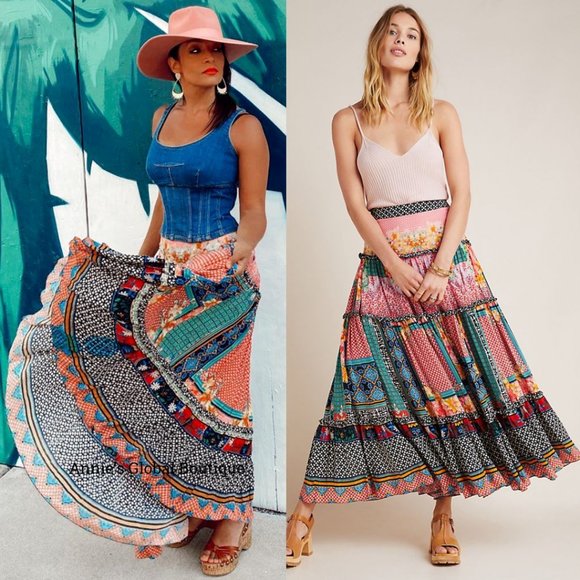 RARE NWT ANTHROPOLOGIE Bhanuni by Jyoti Celina Tiered Maxi Skirt. Size 0 - Picture 13 of 14